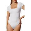IUGA Bodysuits for Women Tummy Control Short Sleeve Square Neck Bodysuit Women’s Slimming Basic Body Suit Tops(White)