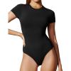 IUGA Long Sleeve Bodysuits for Women Crew Neck Body suit Women’s Slimming Basic Tummy Control Bodysuit Tops(Short Sleeve Black)
