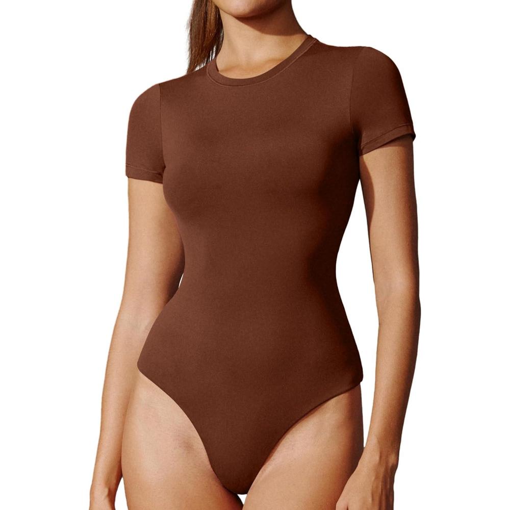 imageIUGA Bodysuits for Women Tummy Control Crew Neck Short Sleeve Body suits Basic Bodysuit T shirt TopsBrownie