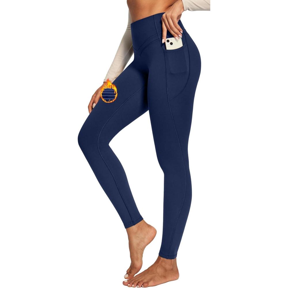 imageIUGA Compression Fleece Lined Leggings Women No Front Seam Thermal Leggings for Women Tummy Control High Waist Yoga PantsDark Blue