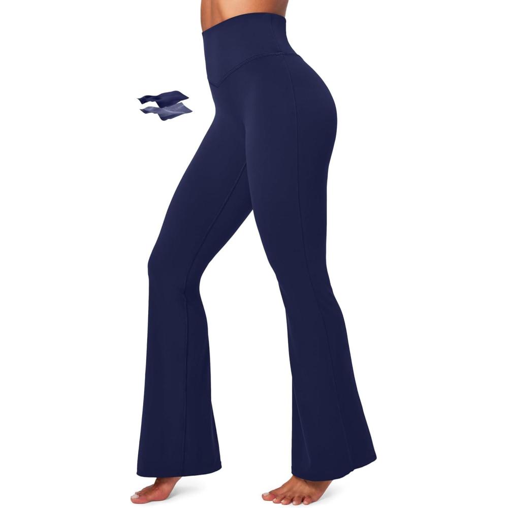 imageIUGA Flare Leggings for Women Tummy Control Flared Leggings No Front Seam Yoga Pants Women High Waisted Workout Bell BottomsBlue