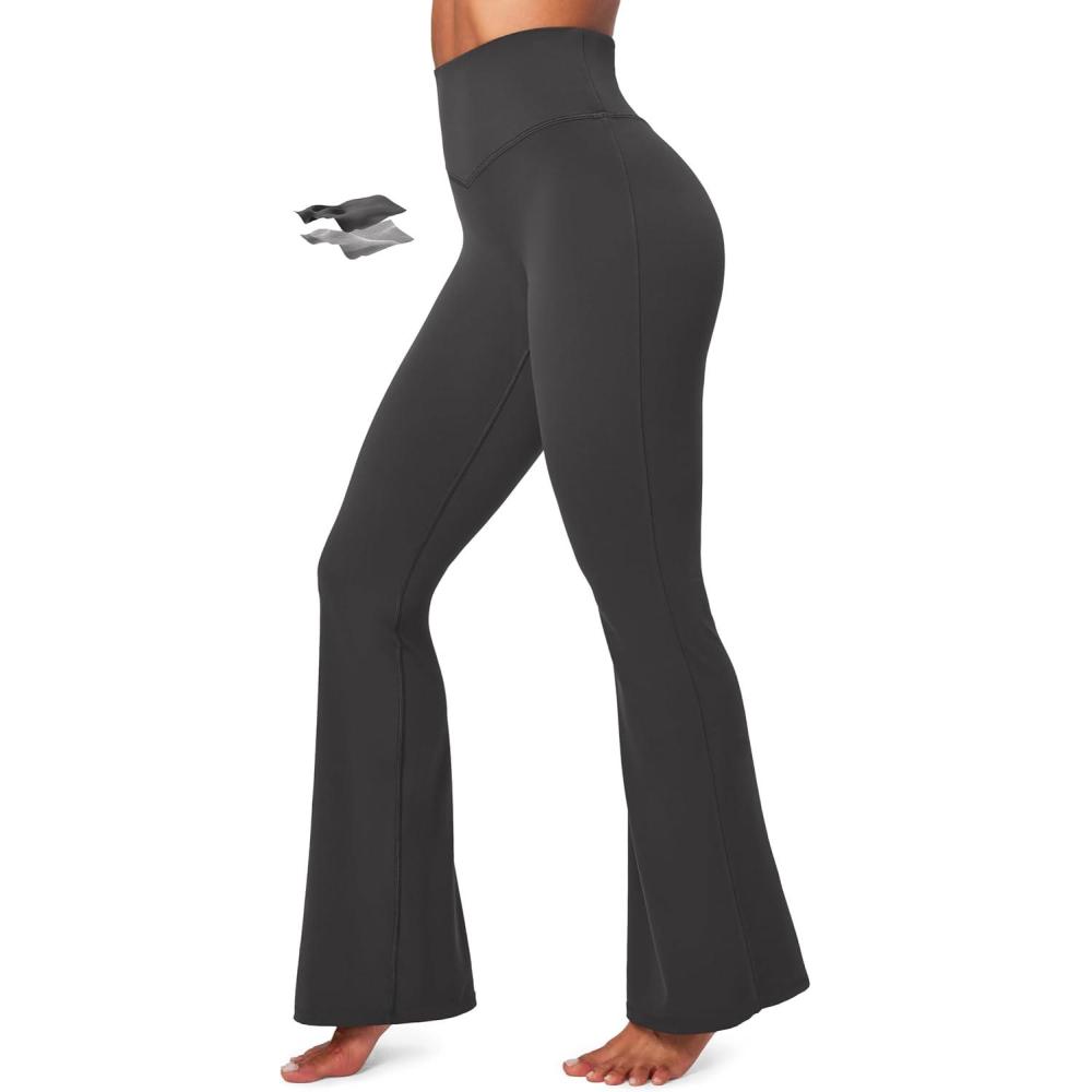 imageIUGA Flare Leggings for Women Tummy Control Flared Leggings No Front Seam Yoga Pants Women High Waisted Workout Bell BottomsInk Gray