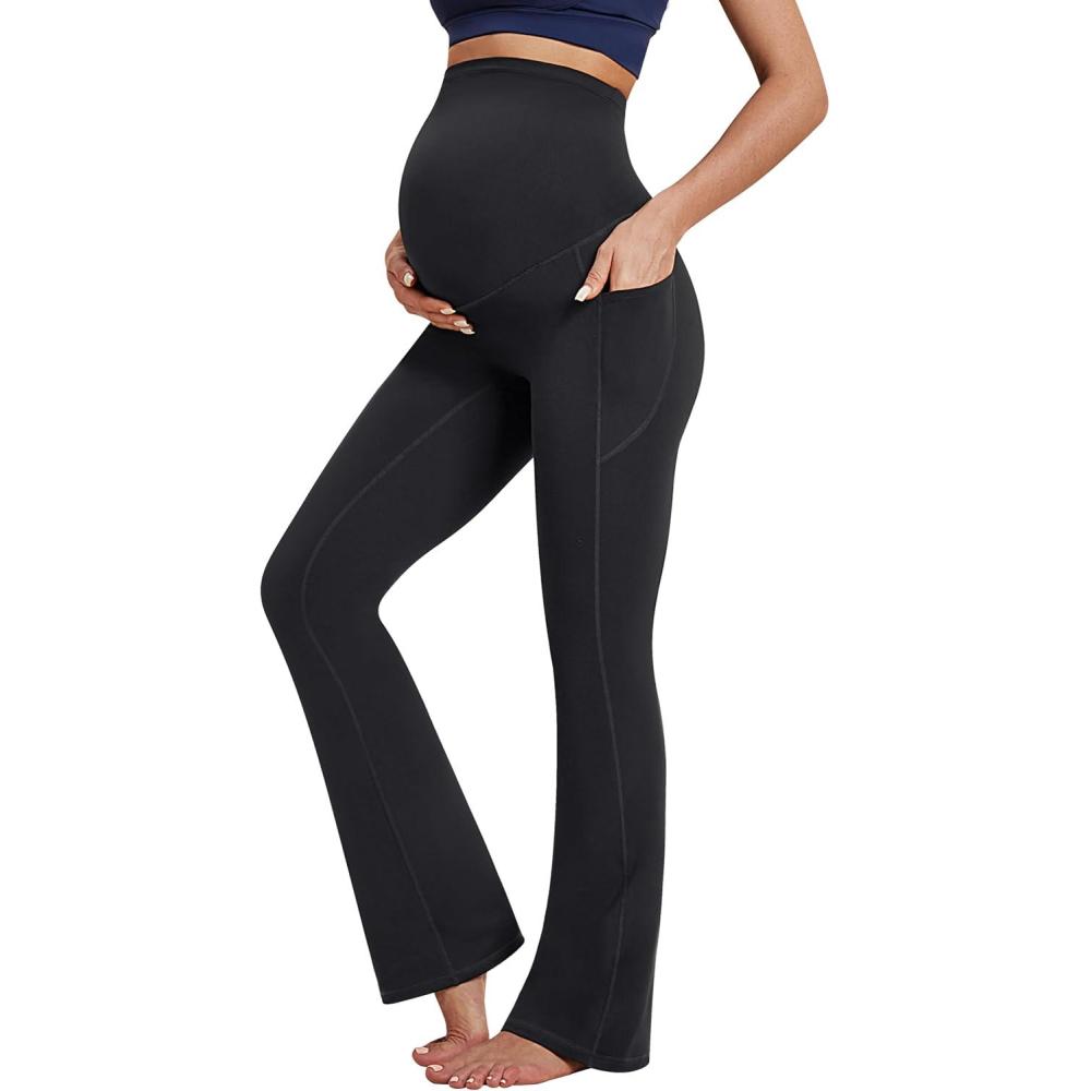 imageIUGA Fleece Lined Maternity Pants for Work Maternity Sweatpants Flare Leggings Pregnancy Yoga Pants Maternity ClothesBlack