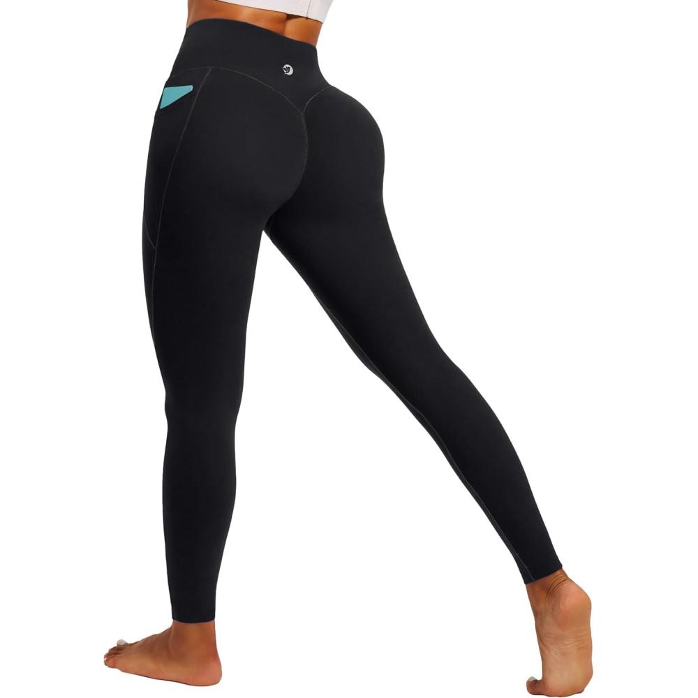 imageIUGA Invisible Scrunch Butt Lifting Leggings for Women No Front Seam Workout Leggings with Pockets Tummy Control Yoga PantsBlack