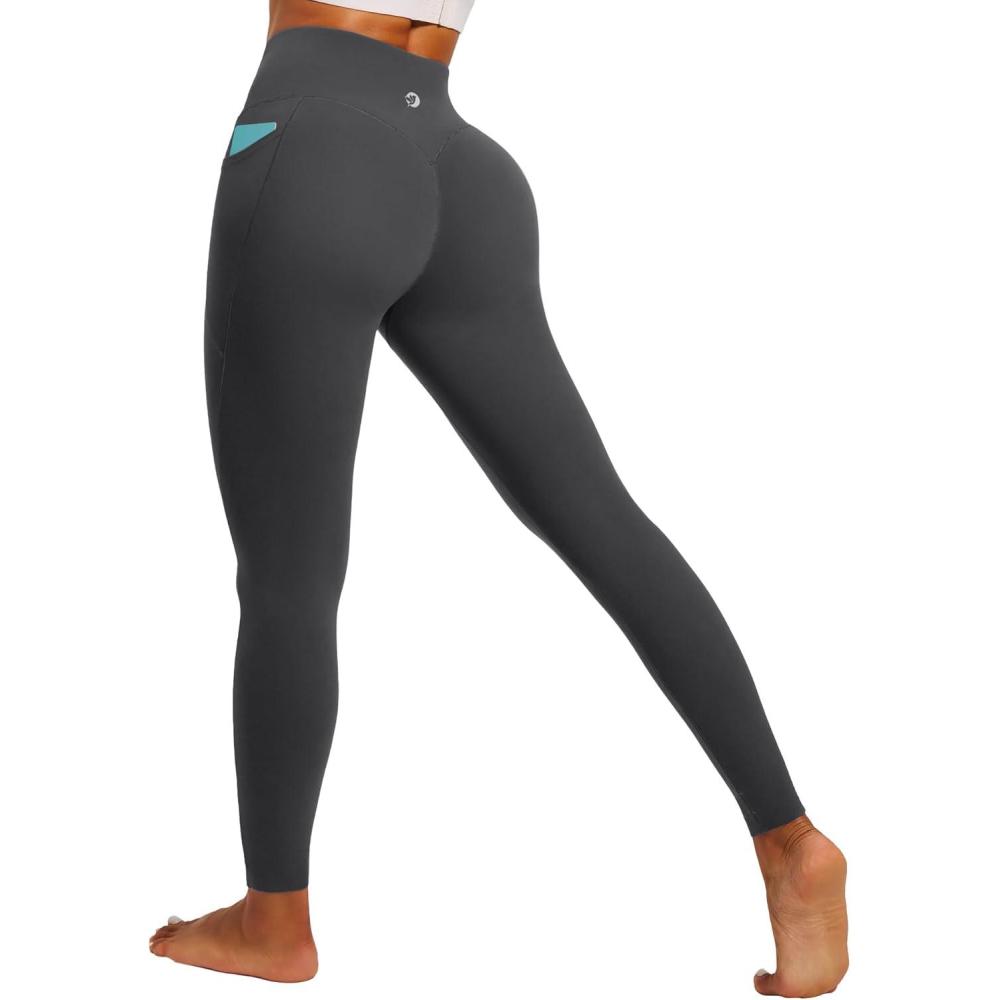 imageIUGA Invisible Scrunch Butt Lifting Leggings for Women No Front Seam Workout Leggings with Pockets Tummy Control Yoga PantsInk Grey