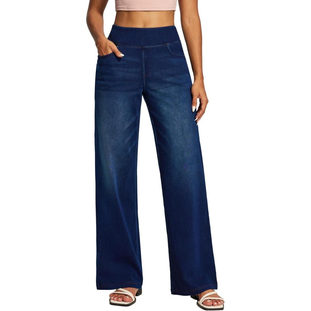 imageIUGA Wide Leg Jeans Woman High Waisted Pull On Baggy Jeans for Women Stretchy Trendy Womens Jean Straight Casual Denim PantsClassic Blue Whisker