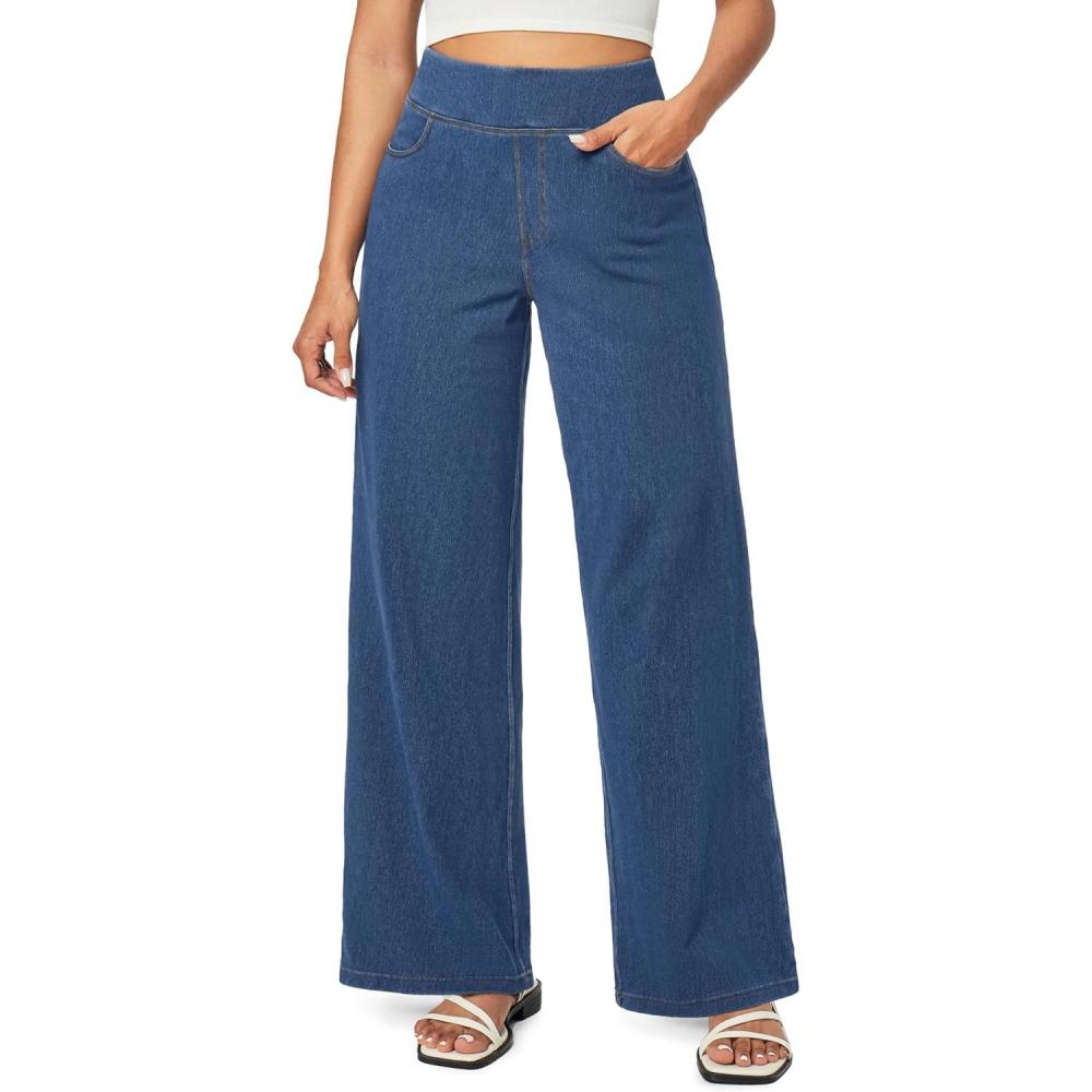 imageIUGA Wide Leg Jeans Woman High Waisted Pull On Baggy Jeans for Women Stretchy Trendy Womens Jean Straight Casual Denim PantsLight Blue
