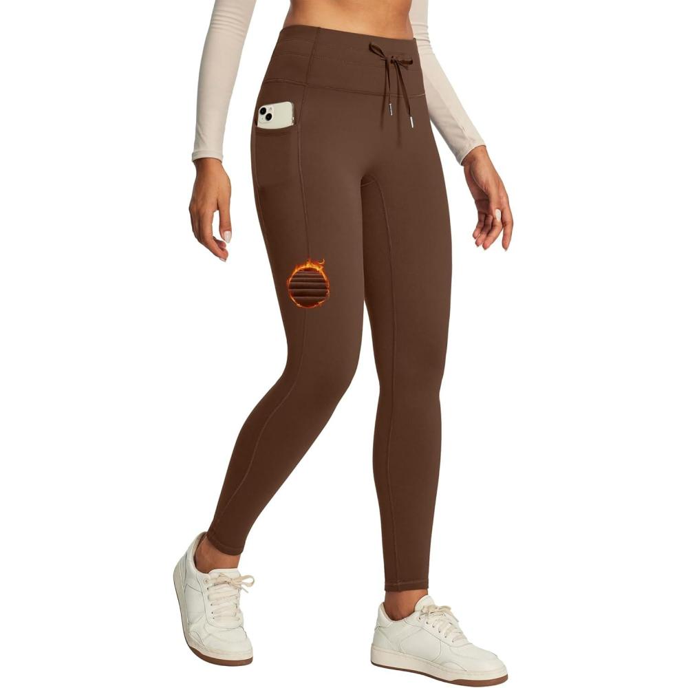 imageIUGA Womens Fleece Lined Leggings Water Resistant High Waisted Thermal Leggings Winter Pants with Pockets Running Ski HikingCoffee Brown
