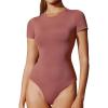 IUGA Bodysuits for Women Tummy Control Crew Neck Short Sleeve Body suits Basic Bodysuit T shirt Tops(Merlot)
