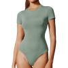 IUGA Bodysuits for Women Tummy Control Crew Neck Short Sleeve Body suits Basic Bodysuit T shirt Tops(Sage)