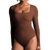 IUGA Long Sleeve Bodysuits for Women Square Neck Bodysuit Shapewear Bodysuit Tummy Control Slimming Body Suit for Womens(Brownie)