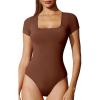 IUGA Long Sleeve Bodysuits for Women Square Neck Bodysuit Shapewear Bodysuit Tummy Control Slimming Body Suit for Womens(Short Sleeve Brownie)
