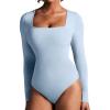 IUGA Long Sleeve Bodysuits for Women Square Neck Bodysuit Shapewear Bodysuit Tummy Control Slimming Body Suit for Womens(Soft Blue)