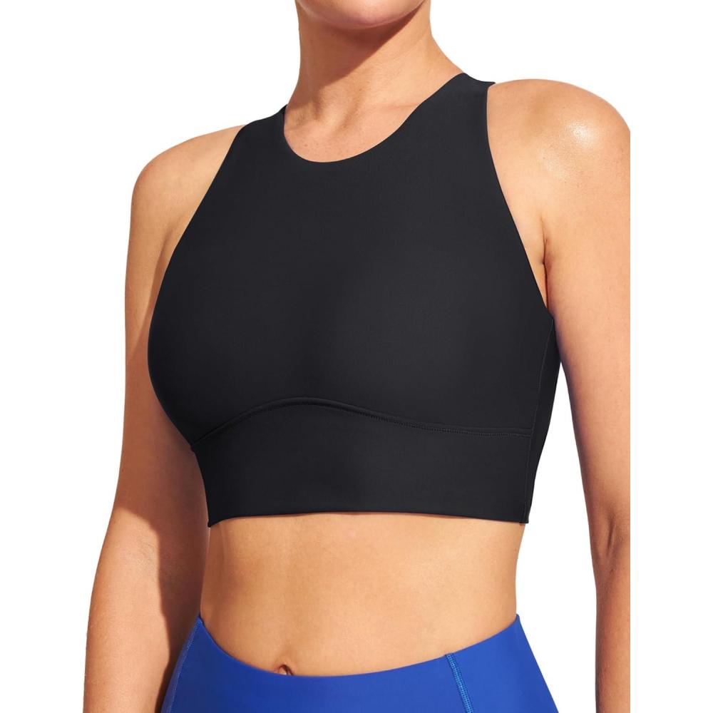 imageIUGA Bikini Tops for Women Adjustable Cross Back Swim Top Quick Dry Bathing Suit Tops High Neck Swim Bra UPF 50Black