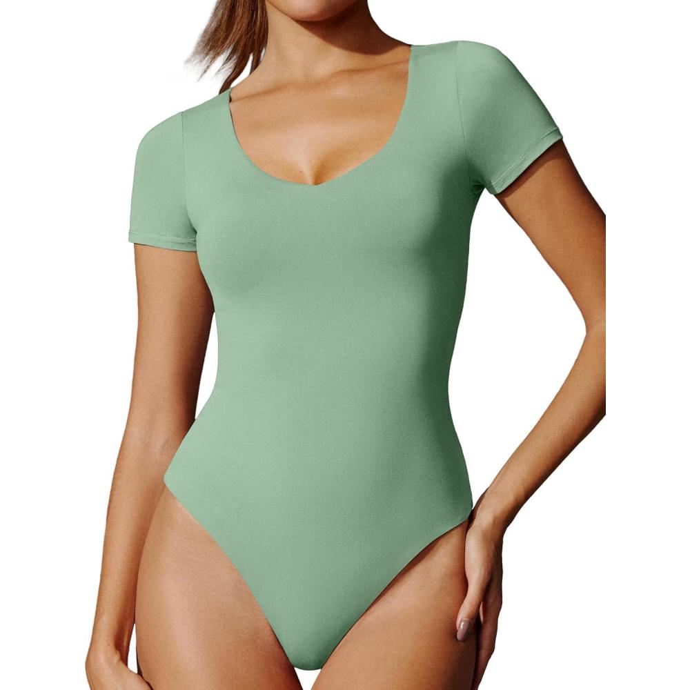 imageIUGA Bodysuits for Women Tummy Control Body Suits for Womens Compression Slimming Thong Bodysuit V NeckSage