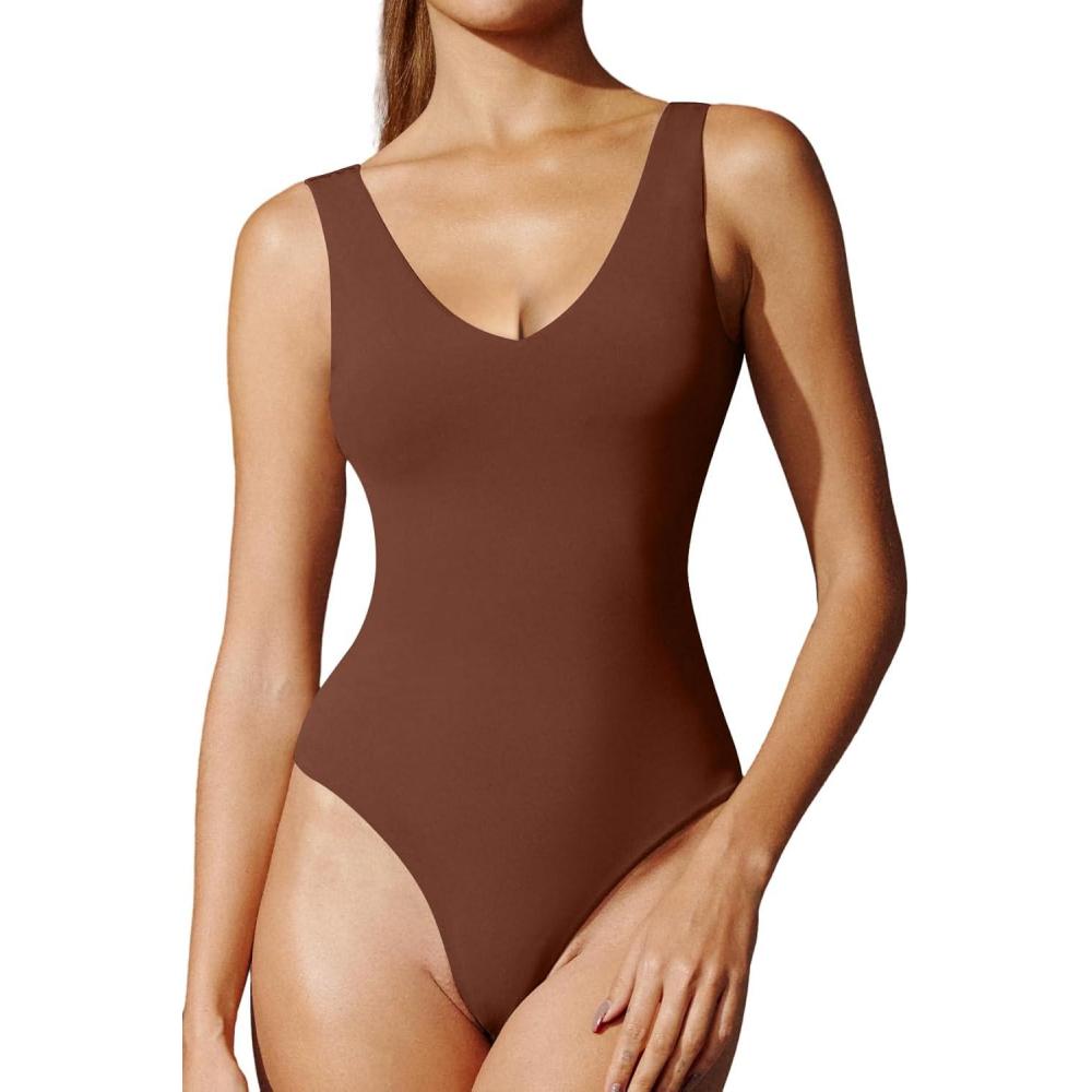 imageIUGA Bodysuits for Women Tummy Control V Neck Backless Bodysuit Tops Sleeveless Tank Top Body Suits for WomenBrownie