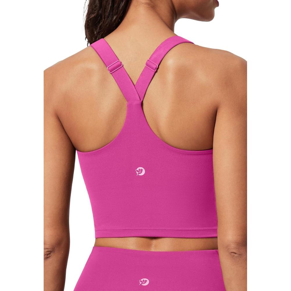 imageIUGA Buttery Adjustable Workout Tank Tops Woman with Built in Bra Y Back Longline Sports Bra Athletic VNeck Crop Tops Hot Pink