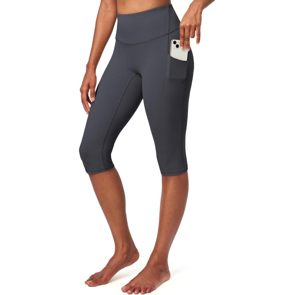 imageIUGA Capri Leggings for Women with Pockets Womens High Waisted Knee Length Capris Compression Yoga Pants Workout LeggingsGrey