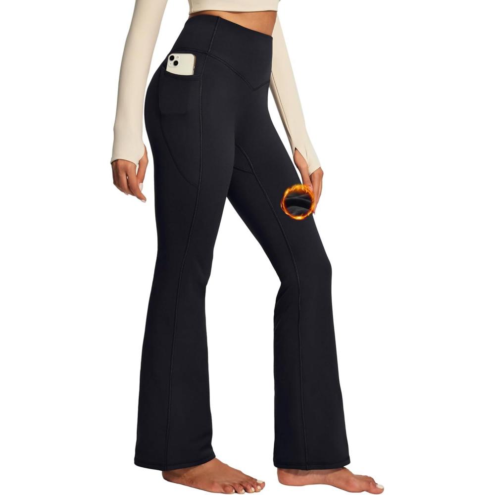 imageIUGA Fleece Lined Pants Women Thermal Flare Leggings Winter Warm Bootcut Workout Yoga Pants Women with Pockets High WaistedBlack
