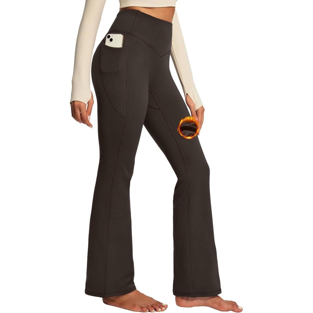 imageIUGA Fleece Lined Pants Women Thermal Flare Leggings Winter Warm Bootcut Workout Yoga Pants Women with Pockets High WaistedMocha