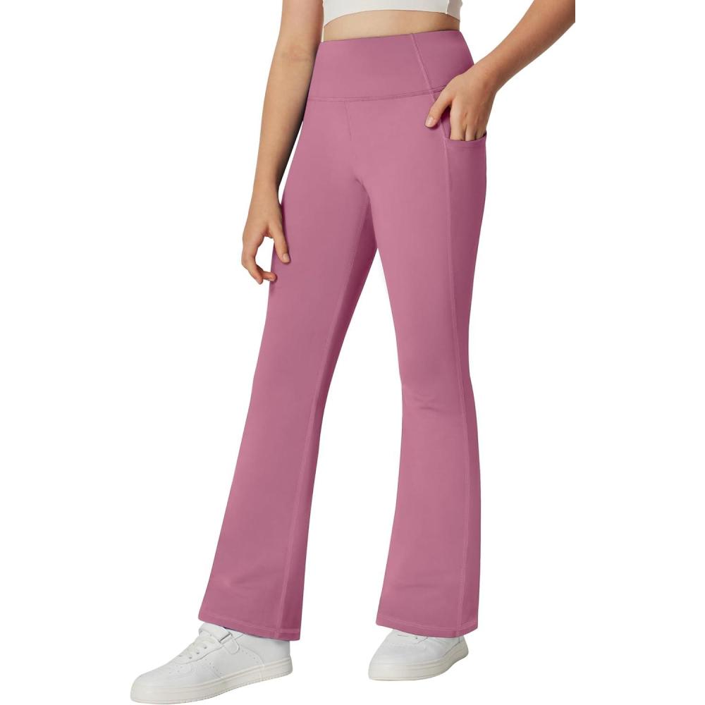 imageIUGA Girls Fleece Lined Flare Leggings High Waist Bell Bottom Yoga Pants with Pockets Preppy Clothes Girls Athletic LeggingsPink Fleece