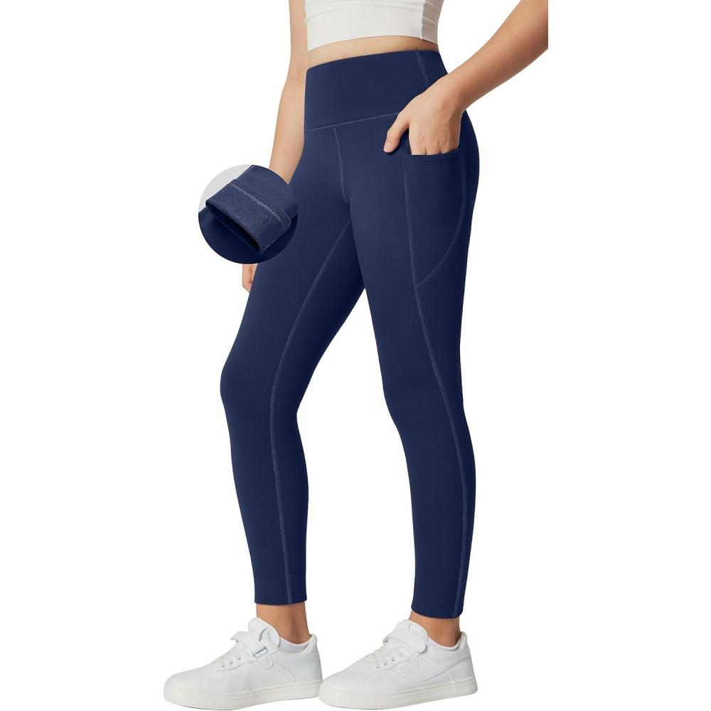 imageIUGA Girls Fleece Lined Leggings High Waisted Yoga Pants with Pockets Winter Leggings for Girls Athletic Warm LeggingsNavy