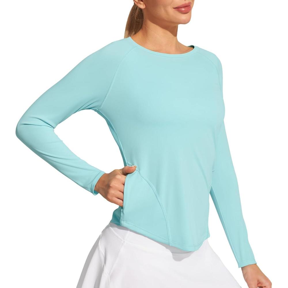 imageIUGA Rash Guard for Women with Pockets UPF 50 SPF Shirts for Women Long Sleeve UV Sun Protection Clothing Hiking Swim ShirtGreen