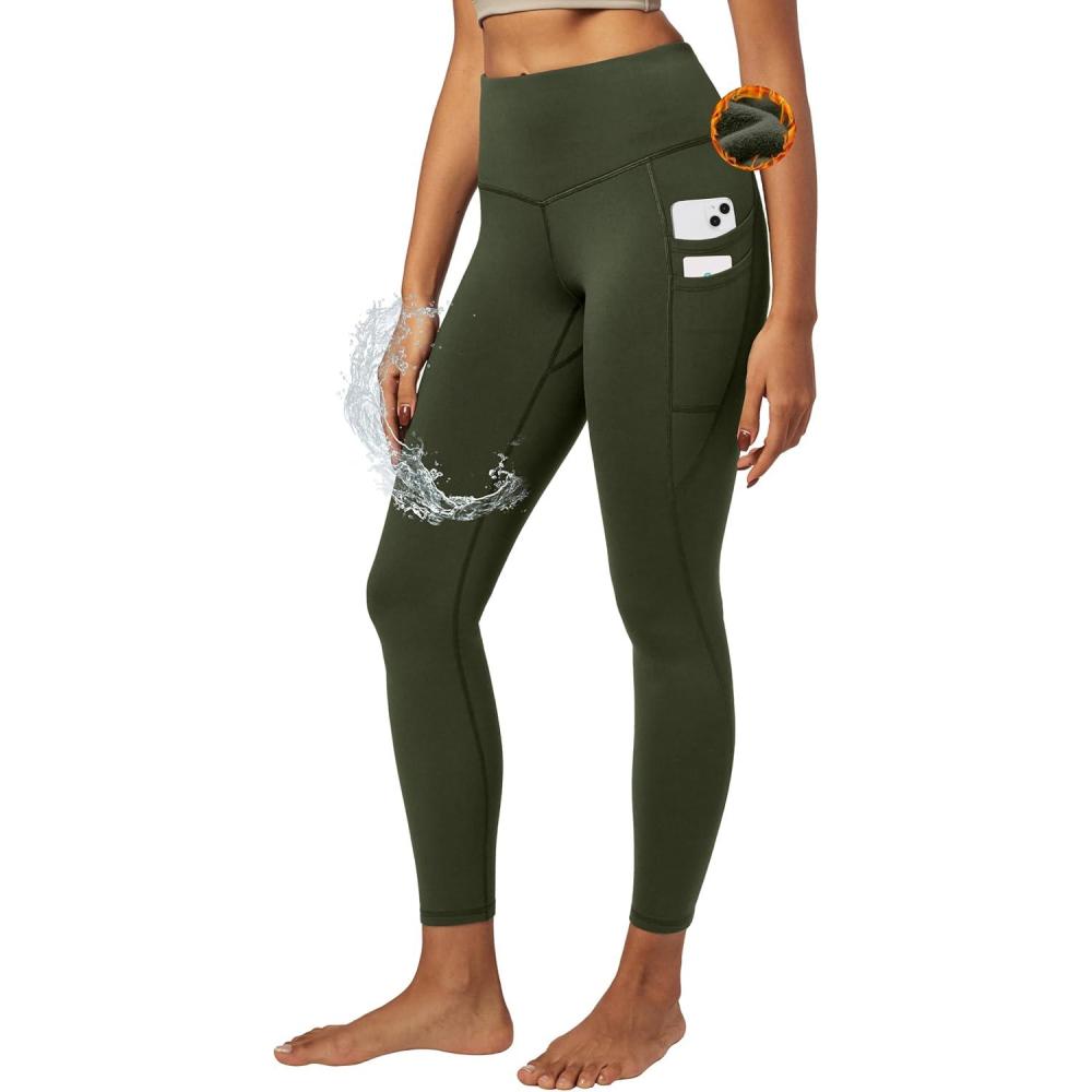 imageIUGA Water Resistant Fleece Lined Leggings Women Warm Winter Thermal Pants with Pockets for Hiking YogaDark Olive