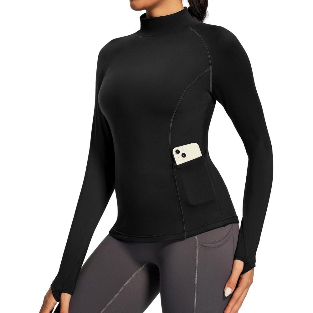 imageIUGA Workout Thermal Shirts for Women Turtleneck Long Sleeve Fleece Lined Tops Winter Running Gear with 2 Side PocketsBlack