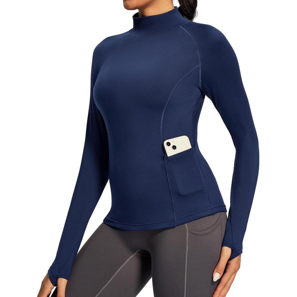 imageIUGA Workout Thermal Shirts for Women Turtleneck Long Sleeve Fleece Lined Tops Winter Running Gear with 2 Side PocketsNavy Blue