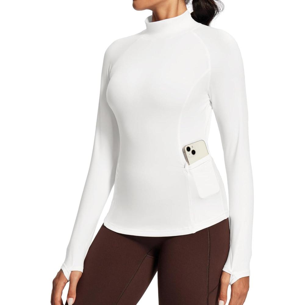 imageIUGA Workout Thermal Shirts for Women Turtleneck Long Sleeve Fleece Lined Tops Winter Running Gear with 2 Side PocketsWhite