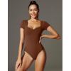 IUGA Short Sleeve Bodysuit for Women Tummy Control Body Suit Sweetheart Neckline Going Out Tops(Brownie)