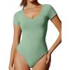 IUGA Bodysuits for Women Tummy Control Body Suits for Womens Compression Slimming Thong Bodysuit V Neck(Sage)