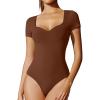 IUGA Short Sleeve Bodysuit for Women Tummy Control Body Suit Sweetheart Neckline Going Out Tops(Brownie)