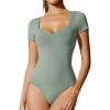 IUGA Short Sleeve Bodysuit for Women Tummy Control Body Suit Sweetheart Neckline Going Out Tops(Sage)