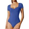 IUGA Short Sleeve Bodysuit for Women Tummy Control Body Suit Sweetheart Neckline Going Out Tops(Soft Blue)