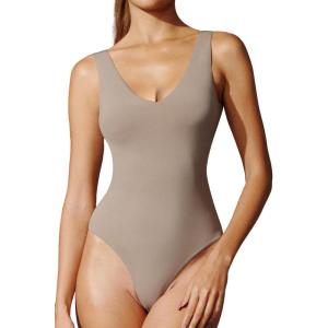 IUGA Bodysuits for Women Tummy Control V Neck Backless Bodysuit Tops Sleeveless Tank Top Body Suits for Women(Sand)