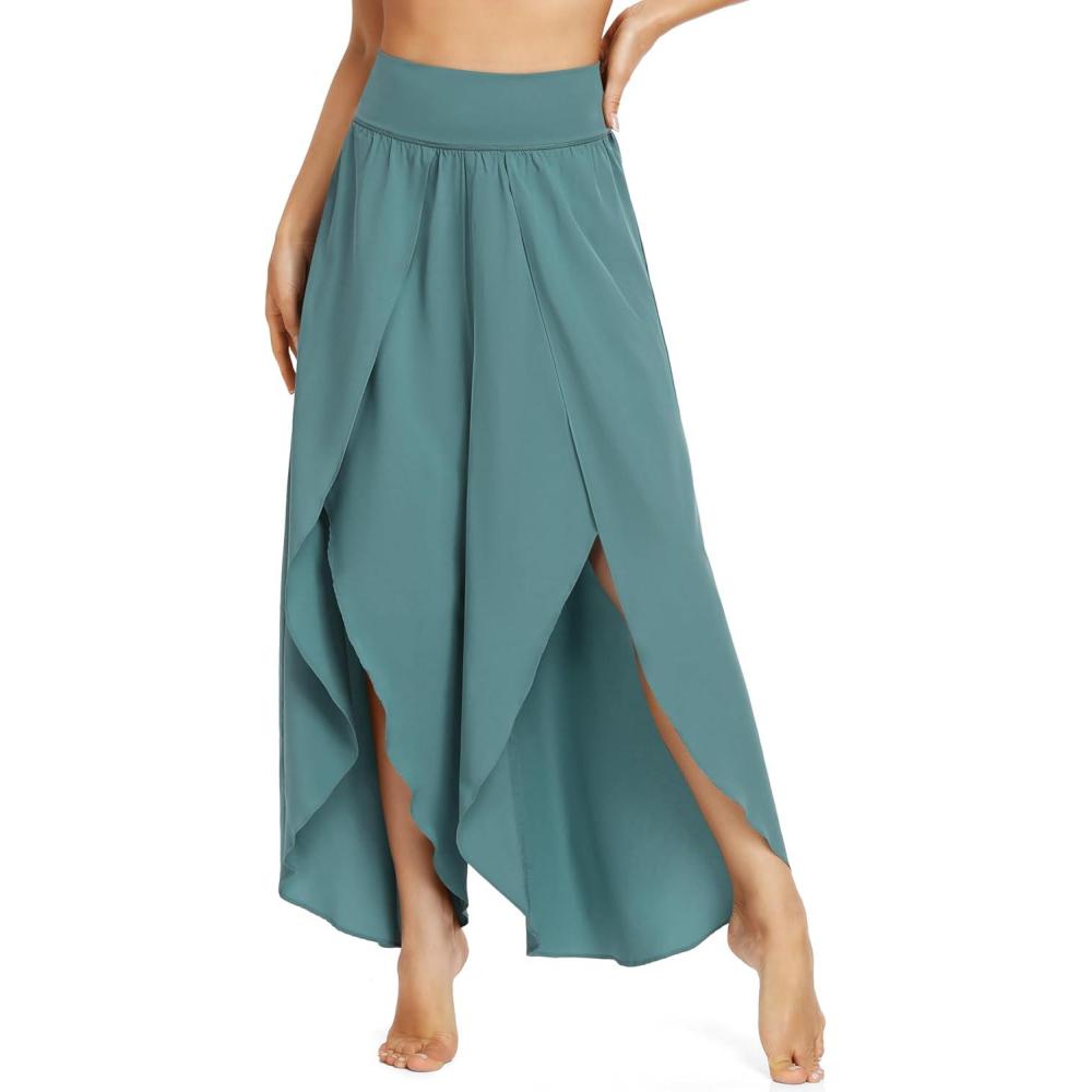imageIUGA Flowy Pants for Women Wide Leg High Waisted Palazzo Boho Beach Harem Pants for Casual Dance SummerGreen