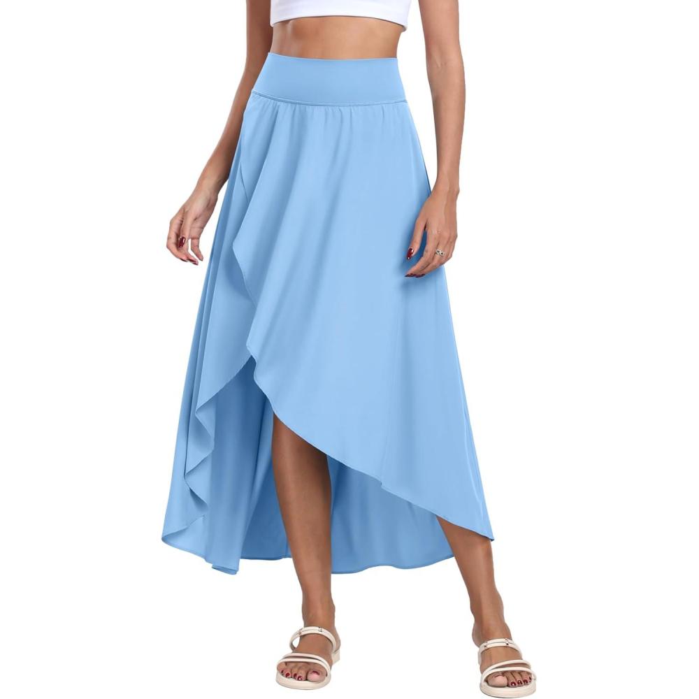 imageIUGA High Waist Maxi Skirt with Slit Ruffle Wrap Skirt Trendy Flowy Skirts for Women Long Skirts with Shorts UnderneathAqua Blue