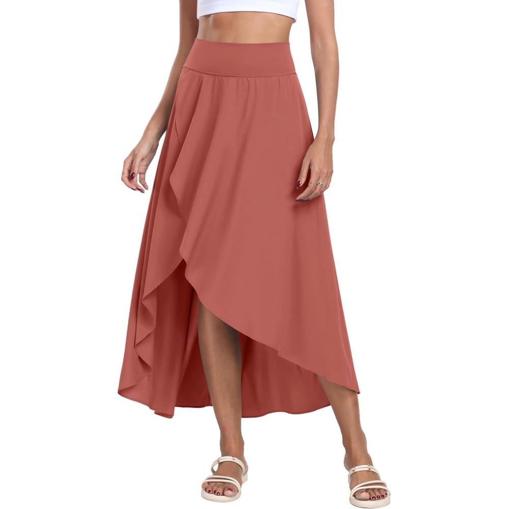 imageIUGA High Waist Maxi Skirt with Slit Ruffle Wrap Skirt Trendy Flowy Skirts for Women Long Skirts with Shorts UnderneathBrick Red