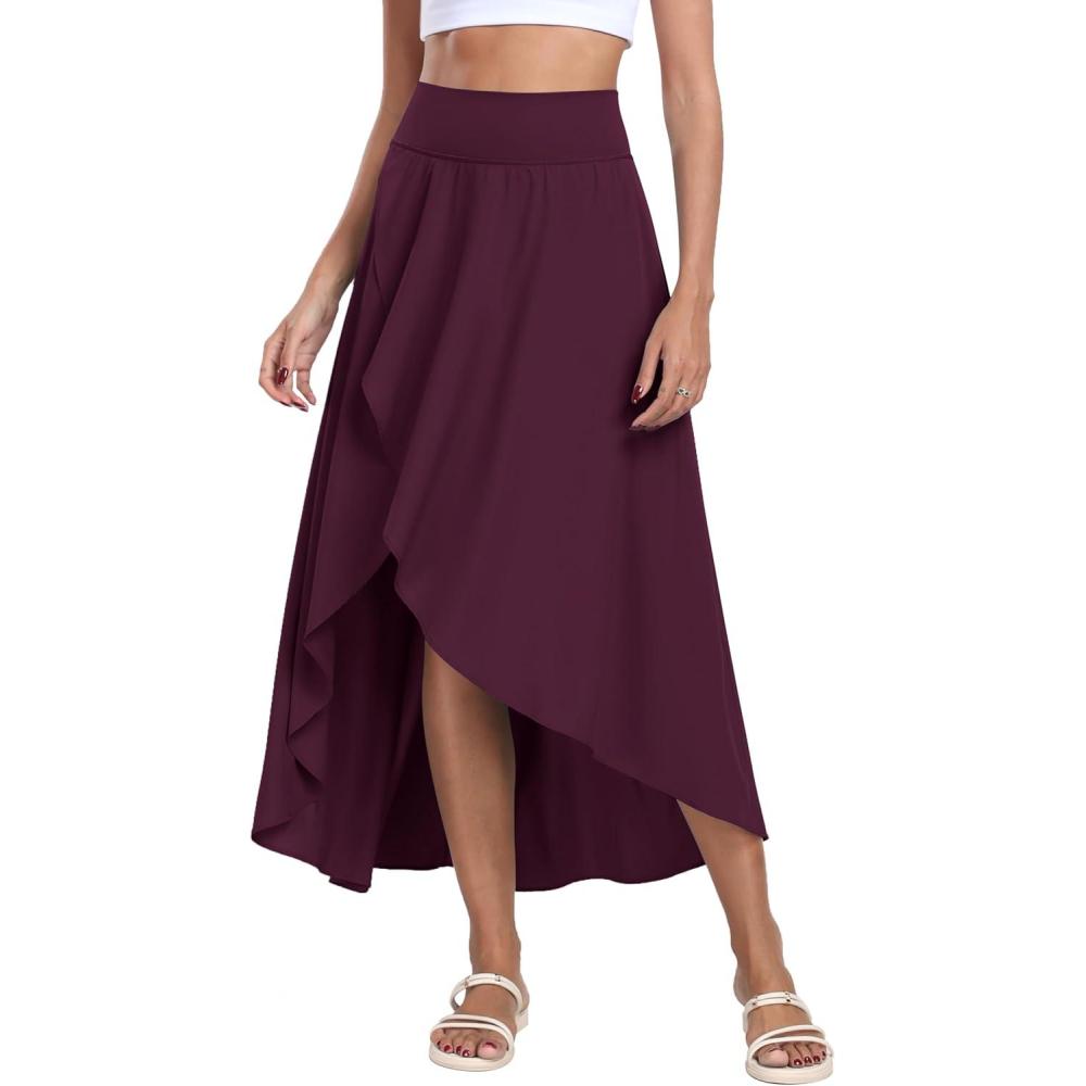 imageIUGA High Waist Maxi Skirt with Slit Ruffle Wrap Skirt Trendy Flowy Skirts for Women Long Skirts with Shorts UnderneathMaroon