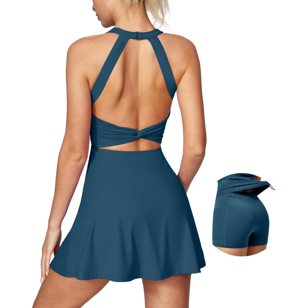 imageIUGA Womens Tennis Dress with Built in Shorts ampamp Bra Athletic Dress for Women Cut Out Twisted Golf Workout Dress with PocketsEasy Peezy  Sea Blue