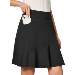 IUGA 20″ Knee Length Skort Golf Skirts for Women High Waisted Tennis Skirt Ruffle Skorts for Women with Pockets(Black)