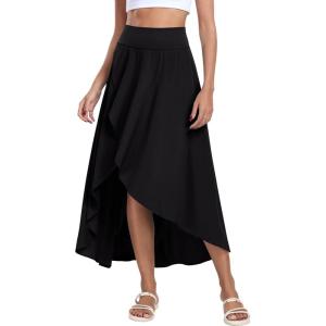 IUGA High Waist Maxi Skirt with Slit Ruffle Wrap Skirt Trendy Flowy Skirts for Women Long Skirts with Shorts Underneath(Black)