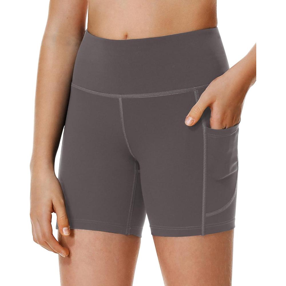 imageIUGA Girls 5quot Volleyball Biker Shorts Stretch Kid Cheer Shorts Dance Athletic Compression Spandex Shorts with PocketsDark Gray