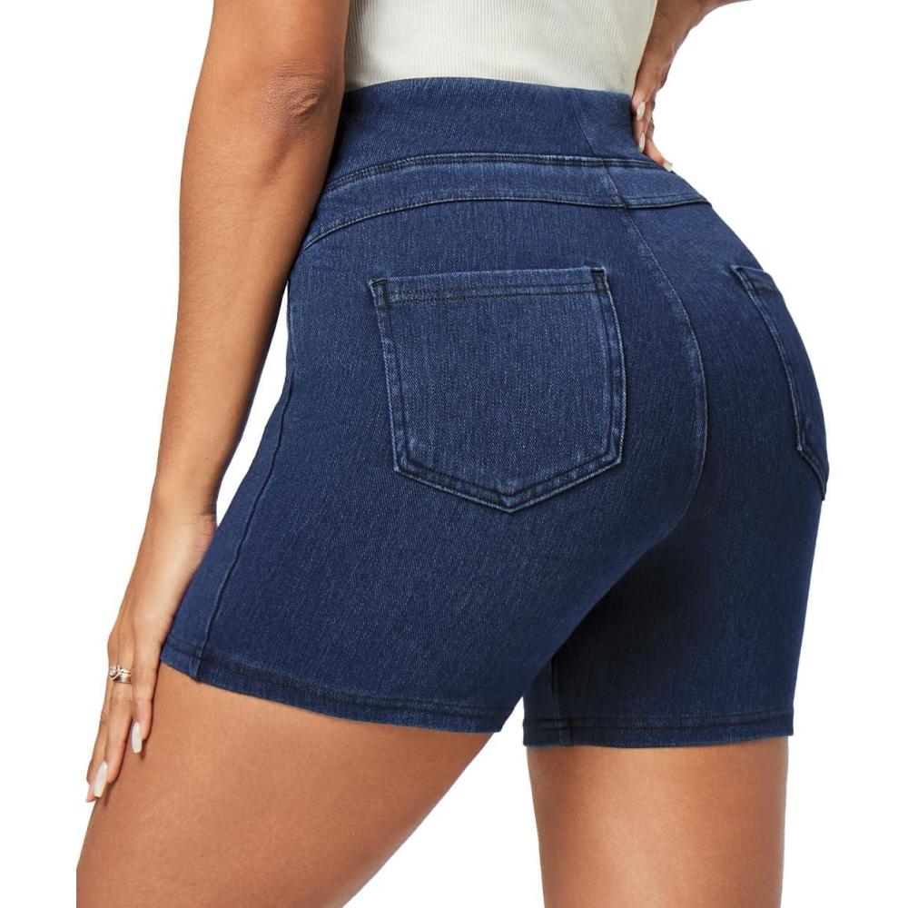 imageIUGA Stretchy Jean Shorts for Women High Waisted Pull On Jorts with Pockets Denim Shorts Women Summer Casual Shorts 2025Dark Blue