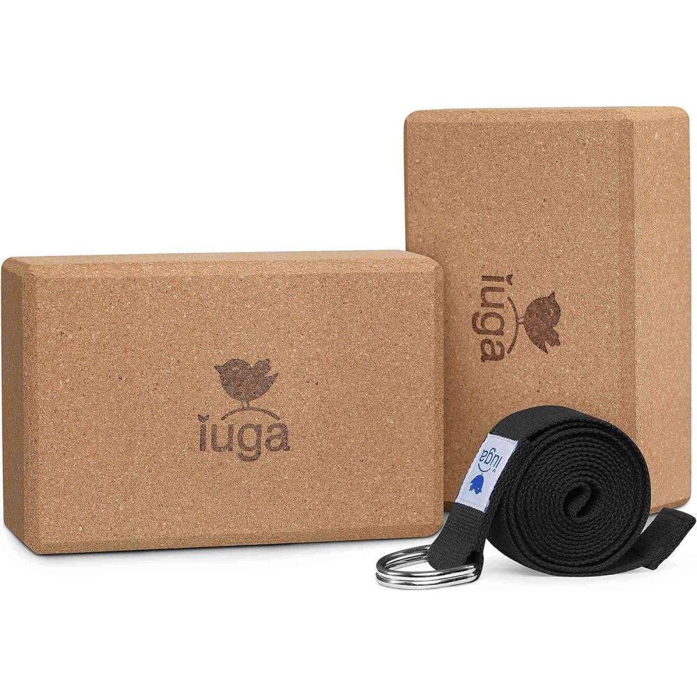 imageIUGA Yoga Blocks 2 Pack With Strap Non Slip High Density 9quotx6quotx3quot Solid ampamp Cork Yoga Block With Yoga Strap to Improve Strength Balance for Yoga Pilates MeditationEVA CORK