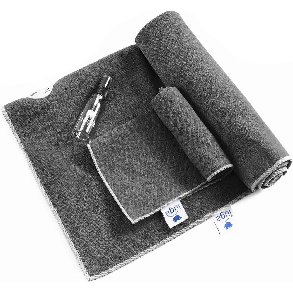 imageIUGA Yoga Towel for Hot Yoga Non Slip Extra Thick Yoga Mat Towel Hand Towel 2in1 Set with Corner Pockets Super Absorbent and Quick Dry Hot Yoga TowelGray