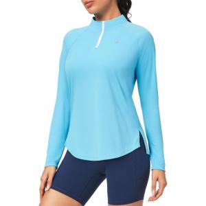 IUGA Golf Shirts for Woman SPF Shirts for Women Long Sleeve UPF 50+ UV Protection Shirt Quarter Zip Pullover(Light Blue)