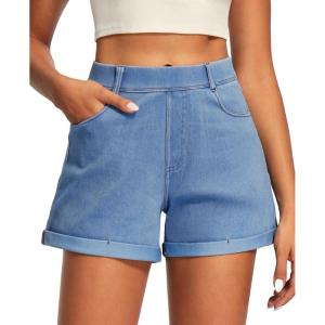 IUGA Stretchy Jorts Women Pull On Jean Shorts Womens High Waisted Folded Hem Denim Shorts Summer Casual with Pockets(Baby Blue)